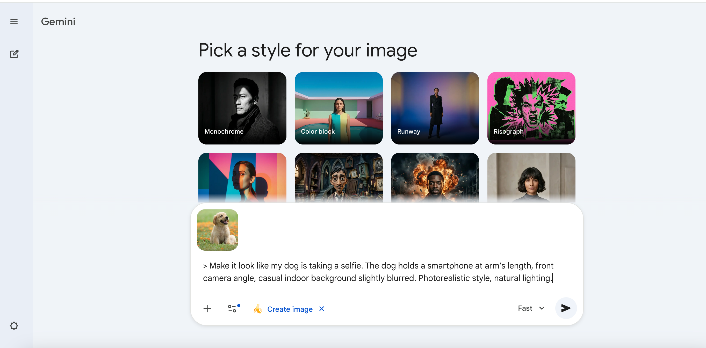 Gemini style picker and prompt entry for dog selfie